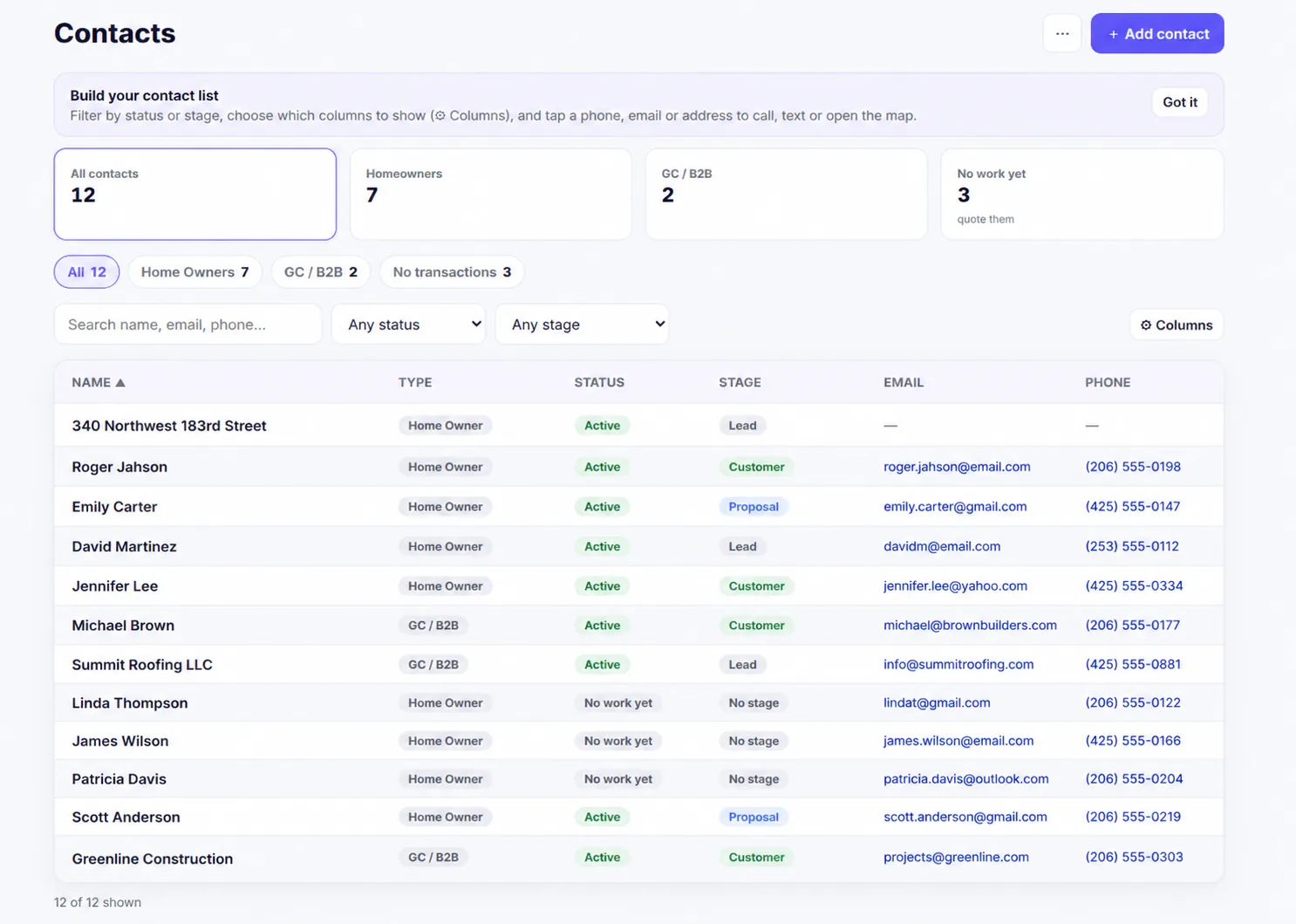 The Contacts screen - homeowners and GC/B2B contacts with status, stage, email and phone, filterable and searchable