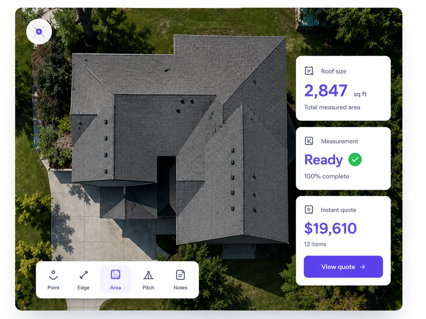Measuring a roof on aerial imagery - 2,847 sq ft, measurement ready, instant quote of $19,610 from 12 items