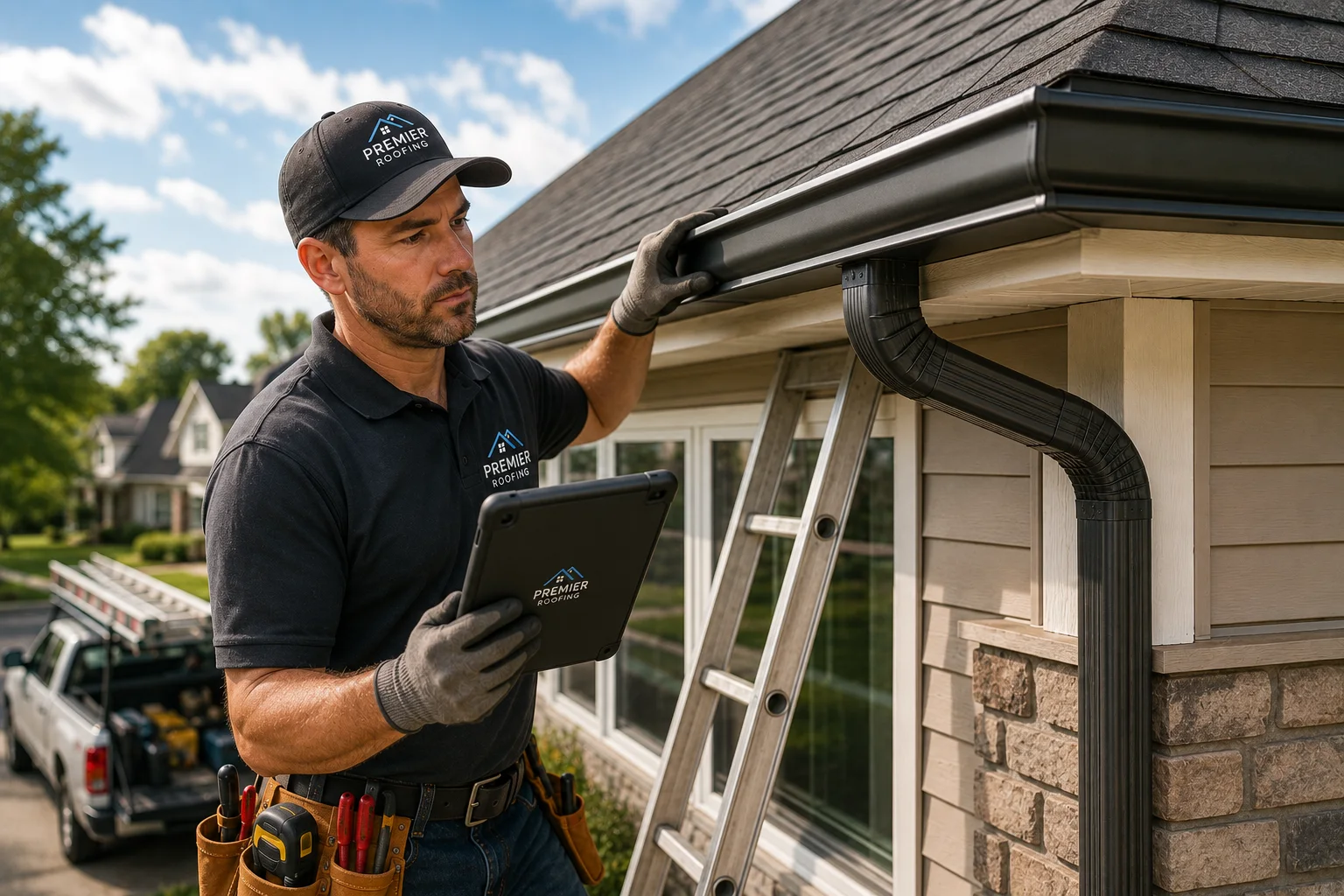 A roofing contractor inspecting a gutter and downspout on a house, tablet in hand