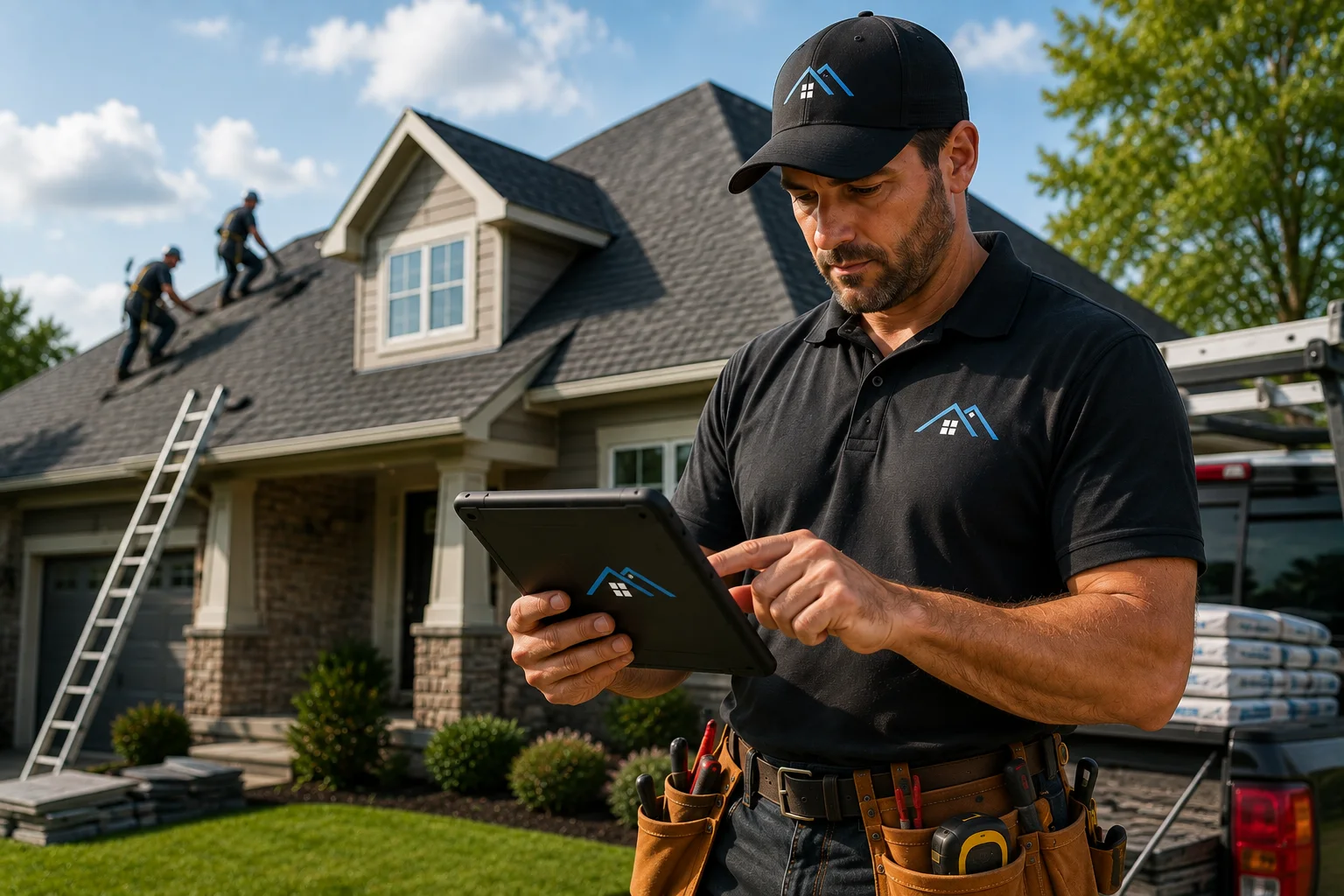 A roofing contractor reviewing a job on a tablet in front of a house while crew members work on the roof behind him