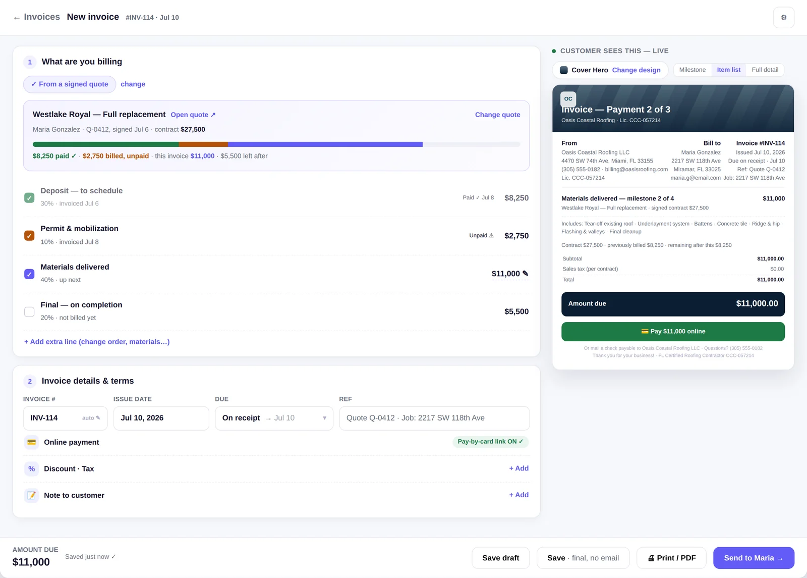 M2Q's free roofing invoice builder - line items from a signed quote milestone, and the live invoice preview a customer sees, with a Pay online button