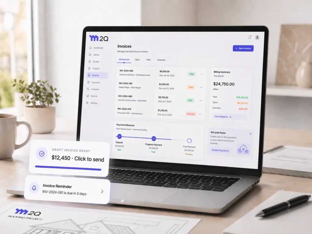 The M2Q invoices dashboard - open, paid and overdue invoices, a billing summary, and a payment milestone tracker showing deposit, progress and final payment