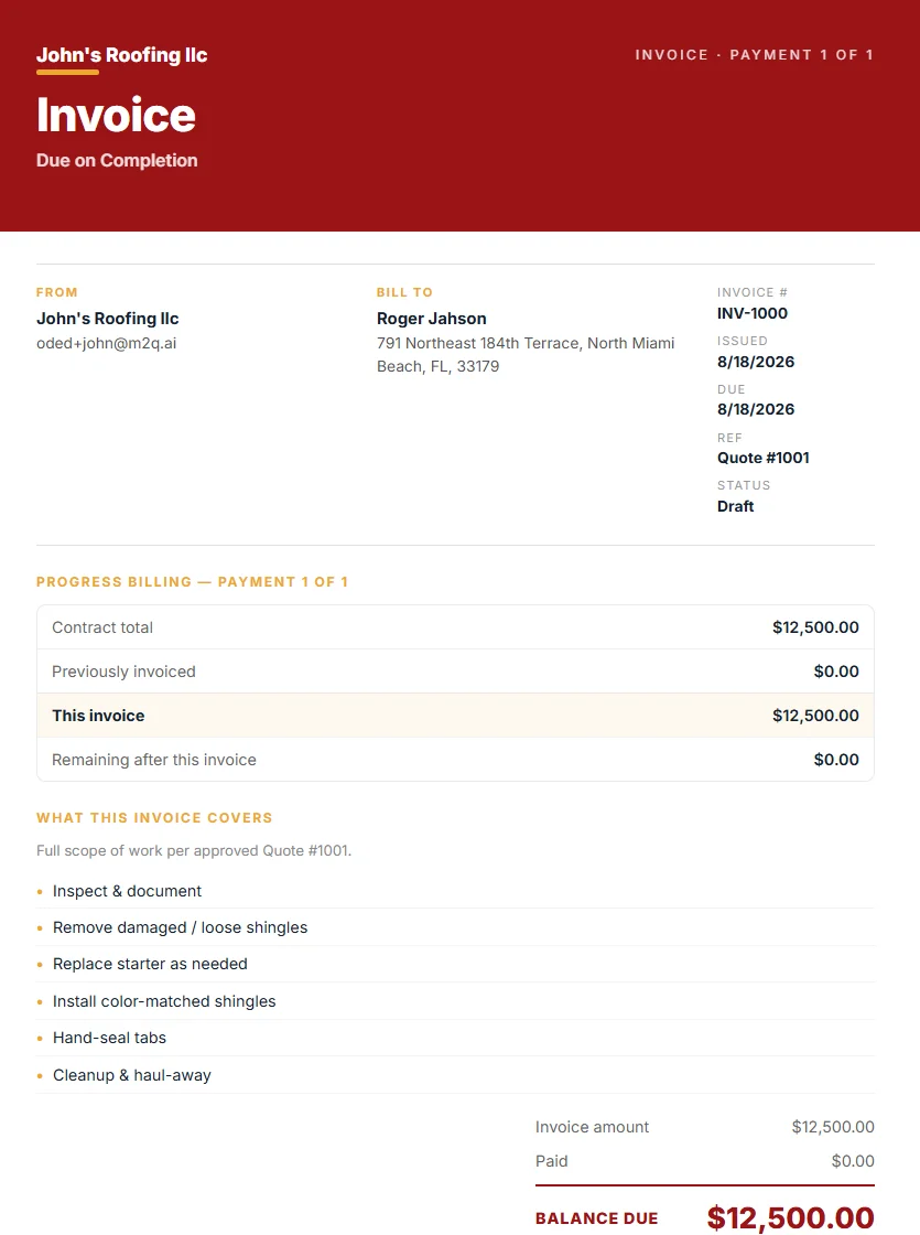 A real M2Q invoice showing Progress billing - Payment 1 of 1, with contract total, previously invoiced, this invoice and remaining balance, plus the scope of work and balance due