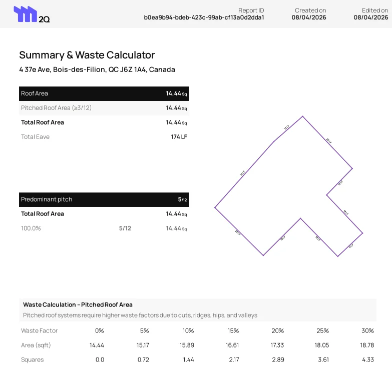 Quick Roof Check report - total area in squares, predominant pitch, eave length and waste calculator