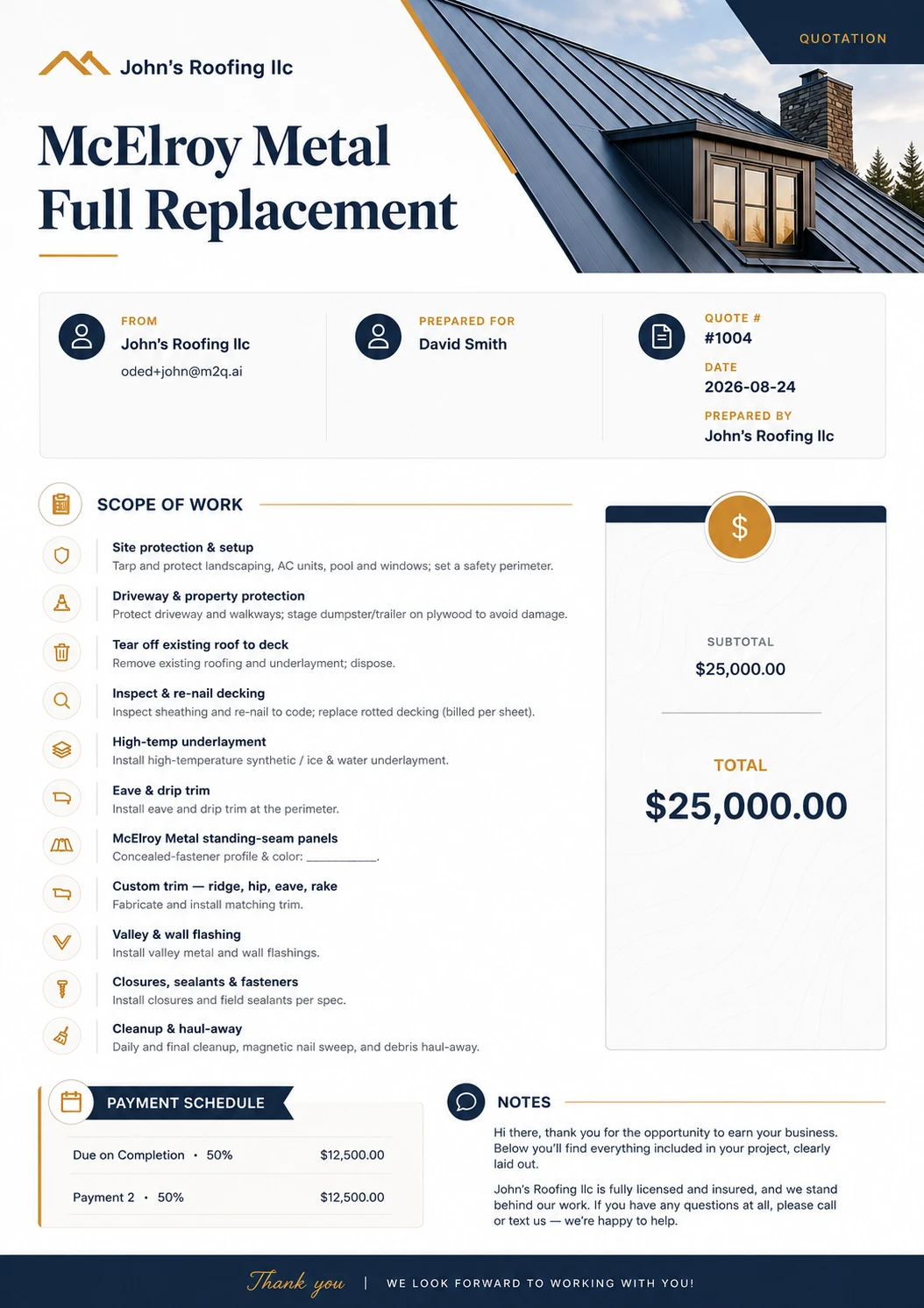 An M2Q roofing quote for a McElroy Metal full replacement, dark letterhead design, with scope of work and payment schedule