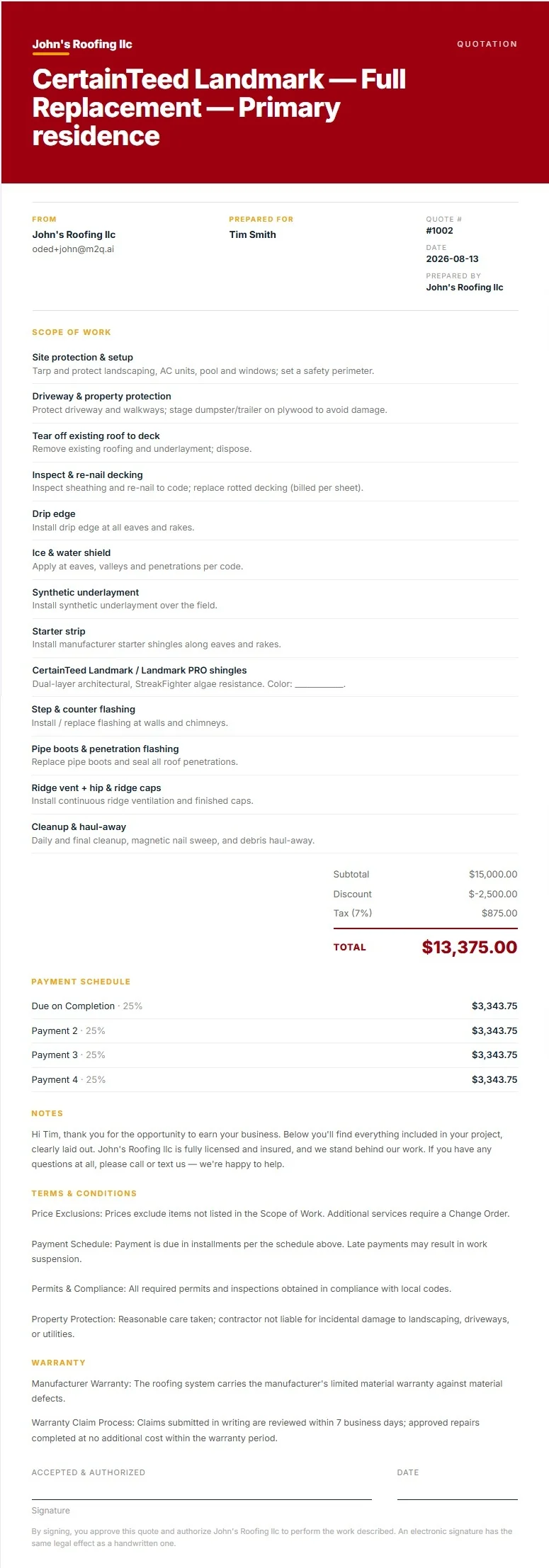 A signed M2Q roofing quote - scope of work, totals with discount and tax, payment schedule, terms and warranty
