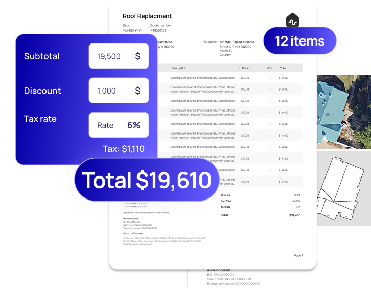 A Roof Replacement quote - subtotal, discount, tax and total, built from 12 line items