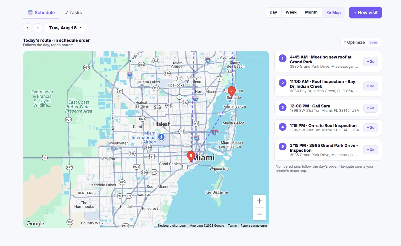 The M2Q map view - today's jobs as numbered pins in schedule order, with a Go button per stop that opens the phone's maps app