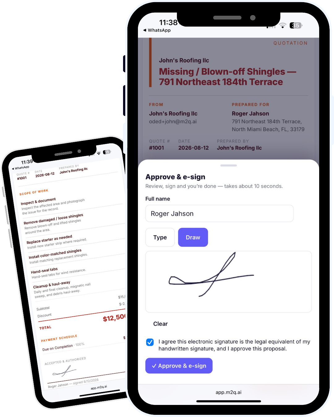 A quote opened from WhatsApp on a phone - the customer draws their signature and taps Approve & e-sign