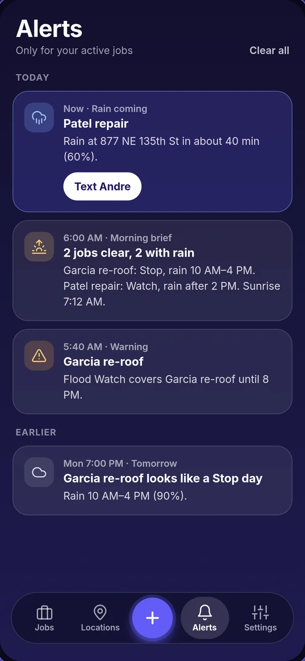 Job Weather alerts screen: a rain heads-up, a morning brief and an official flood watch