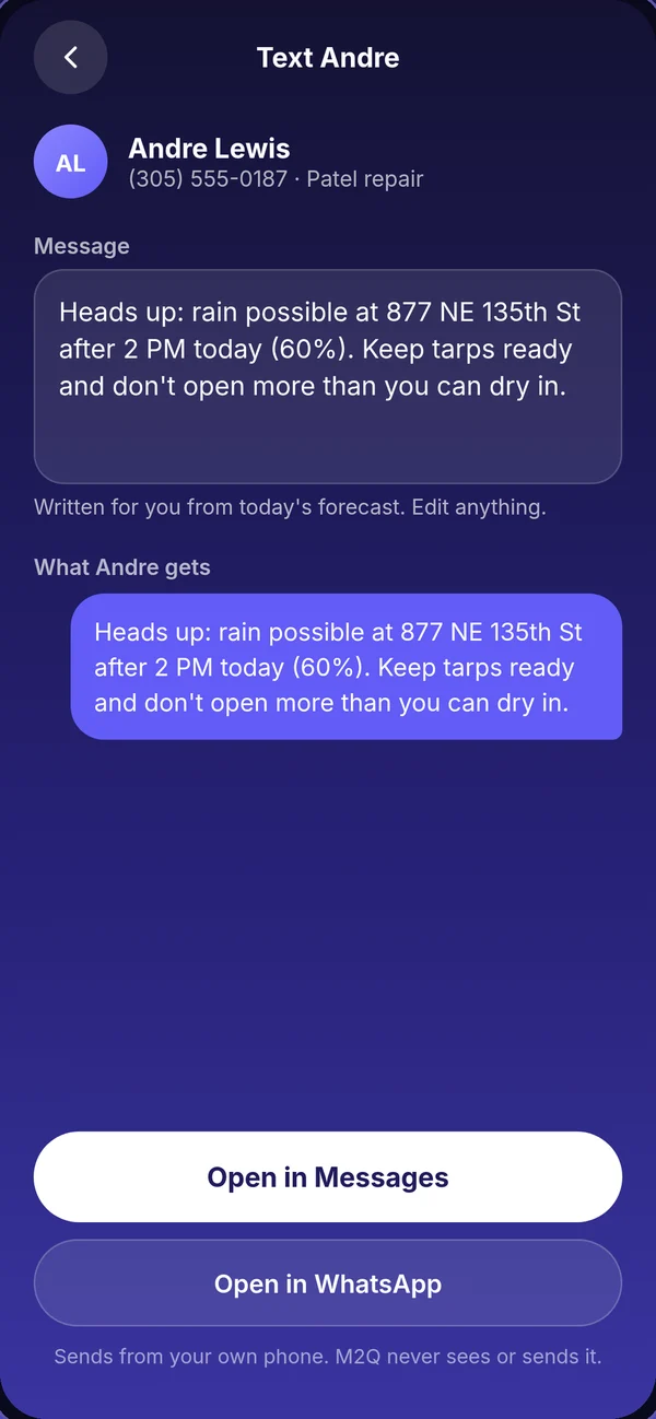 Job Weather writing a rain heads-up text for an installer